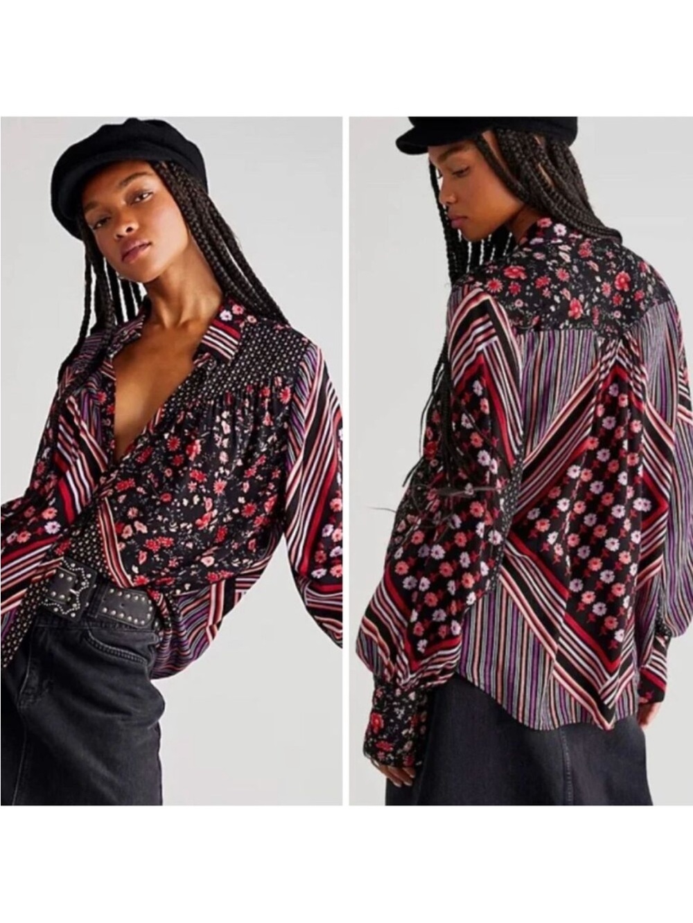 Free People Hazel Buttondown Top New Black Floral Stripe Mixed Print Boho
